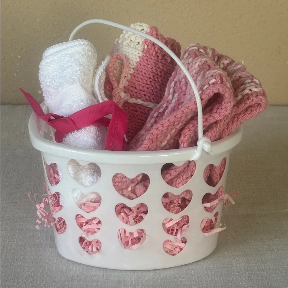 Handmade Bibs & Baby Washcloth in Heart Basket